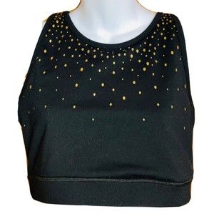 GAIAM Long Sports Bra Sz L Black Gold Polka Dots Strappy Racerback Lined
